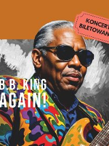 Grafika artysty w słonecznych okularach, który trzyma w rękach gitarę. Napis B.B. King Again!, koncert biletowany.