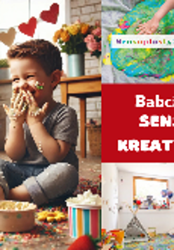 Plakat, który promuje Babciowo-Dziadkową SensoBawialnię Kreatywnego Smyka. Roześmiane dzieci siedzą na podłodze, obok zdjęcia pracowni oraz napisy informujące o wydarzeniu.