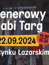 Zdjęcie, dwie kobiety stoją obok wieszaka z ubraniami, na zdjęciu napisy informujące o wydarzeniu.