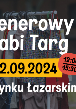 Zdjęcie, dwie kobiety stoją obok wieszaka z ubraniami, na zdjęciu napisy informujące o wydarzeniu.
