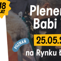 Plakat promujący Plenerowy Babi Targ na Rynku Łazarskim. Zdjęcie targowiska z boku symbol uśmięchniętego ubrania, znaczek 18 lat.