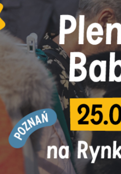 Plakat promujący Plenerowy Babi Targ na Rynku Łazarskim. Zdjęcie targowiska z boku symbol uśmięchniętego ubrania, znaczek 18 lat.