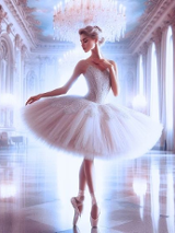 Obrazek baletnicy w pałacowych wnętrzach.