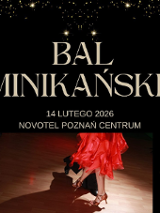 Elegancka grafika na czarnym tle ze złotymi drobinkami zaprasza na Bal Dominikański 2026. Wydarzenie odbędzie się 14 lutego 2026 roku w hotelu Novotel Poznań Centrum. W dolnej części obrazu znajduje się zdjęcie tańczącej pary, skupione na nogach tancerki w czerwonej sukni i butach do tańca.