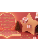 Baner: choinka, 2 gwiazdy z taśmą ledową (jedna leży, druga stoi), zapakowane prezenty.