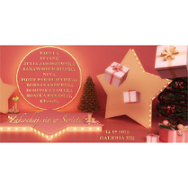 Baner: choinka, 2 gwiazdy z taśmą ledową (jedna leży, druga stoi), zapakowane prezenty.