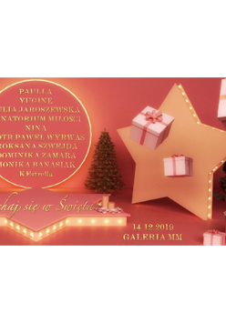 Baner: choinka, 2 gwiazdy z taśmą ledową (jedna leży, druga stoi), zapakowane prezenty.