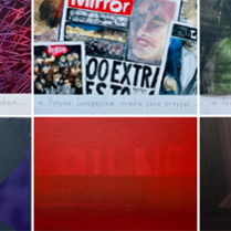 Baner wydarzenia:6 prostokatnych pół w róznych kolorach i o róznych fakturach, górne środkowe - czasopisma.