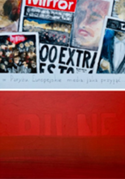 Baner wydarzenia:6 prostokatnych pół w róznych kolorach i o róznych fakturach, górne środkowe - czasopisma.