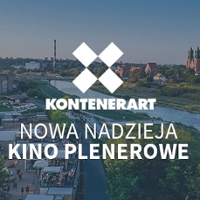 Panorama Poznania z widokiem na Wartę, KontenerArt i katedrę. Na środku tekst.