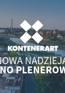 Panorama Poznania z widokiem na Wartę, KontenerArt i katedrę. Na środku tekst.