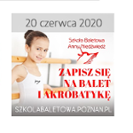 Po lewej dziewczynka ćwicząca balet przy drabinkach, po prawej czerwone napisy.