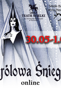 Po lewej Królowa Śniegu, po prawej i na dole napisy. Na srodku czerwone daty Plakat w barwach biało- szarych.