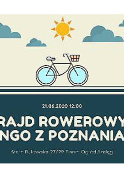 Na górze: słońce, chmurki i rower. Na dole białe napisy na ciemnym tle.
