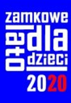 Czerwony lew w białych butach na niebieskim tle. Na górze białe litery.