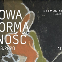 Na tle, będącym obrazem artysty, widnieją białe napisy z informacjami o wystawie.