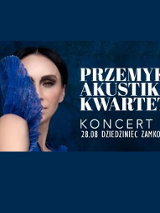 Grafika przedstawia twarz Renaty Przemyk z profilu przysłoniętą kołnierzem sukni na granatowym tle. Napis na prawej stronie ilustracji Przemyk Akustik Kwartet Koncert 28.08 Dziedziniec Zamkowy.