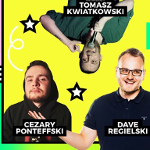 Na banerze widnieją 3 postacie w tym jedna do góry nogami. Całość na żółtym tle.