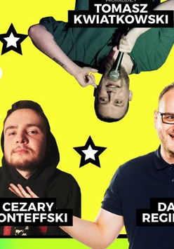 Na banerze widnieją 3 postacie w tym jedna do góry nogami. Całość na żółtym tle.