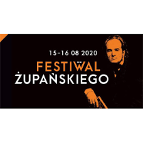 Po prawej Żupański w ciemnym ubraniuna czarnym tle. Na środku białe i pomarańczowe litery.