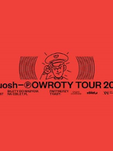 Na czerwonym tle napis "miuosh" i rysunek salutującego policjanta.