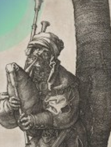 Rycina przedstawia kobziarza grającego stojąc pod drzewem.