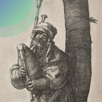 Rycina przedstawia kobziarza grającego stojąc pod drzewem.