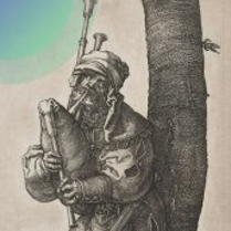 Rycina przedstawia kobziarza grającego stojąc pod drzewem.