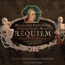 Na banerze zdjęcie Mozzarta trzymane przez dwa kościotrupy. Między nimi informacje o Requiem.