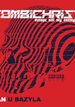 Na czerwonym tle czarna czaszka i biały napis "combichrist".