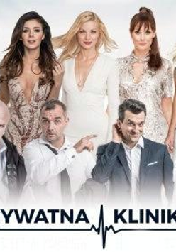 Na białym tle widać w rzędize pięć aktorek grających w spektaklu, pod nimi rząd czterech aktorów. Na dole napis "prywatna klinika" i wykres EKG.