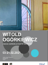 Na szarym tle napis "Witold Ogórkiewicz, widoki nierzeczywiste odkryte". Powyżej wielobarwny obrazek, jakby w uchylonych drzwiach widać było fragment koła roweru.