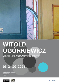 Na szarym tle napis "Witold Ogórkiewicz, widoki nierzeczywiste odkryte". Powyżej wielobarwny obrazek, jakby w uchylonych drzwiach widać było fragment koła roweru.