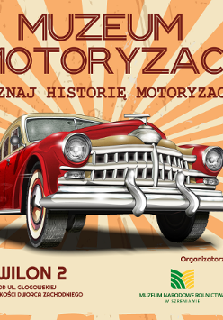 Na pomarańczowym tle zabytkowe auto.