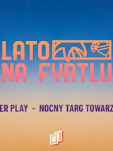 Na niebieska pomarańczowym banerze nazwa cyklu i lokalizacje koncertów. W narożnikach kwiatowe wzory.