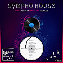 Fioletowo niebieski baner z nazwą wydarzenia. Poza tym widoczna czarna płyta gramofonowa i wizerunek gramofonu.