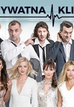 Na białym tle widać w rzędize pięć aktorek grających w spektaklu, pod nimi rząd czterech aktorów. Na dole napis "prywatna klinika" i wykres EKG.