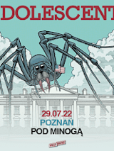 Baner ze nazwą, datą i miejscem wydarzenia. Obrazek olbrzymiego, stalowego pająka na białym budynku z filarami.