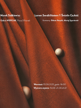 Dwie brązowe kulki na bordowym nieregularnie ułożonym materiale.