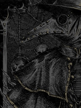 Rysunek przypominający lekarza w trakcie pandemi w ubiegłych wiekach (długa maska przypominająca dziób kruka).