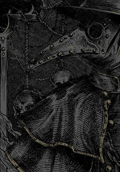 Rysunek przypominający lekarza w trakcie pandemi w ubiegłych wiekach (długa maska przypominająca dziób kruka).