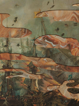 Obraz drewnianych żaglowców a na nim plamy.