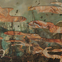 Obraz drewnianych żaglowców a na nim plamy.