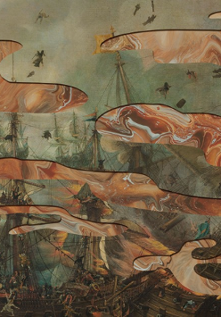 Obraz drewnianych żaglowców a na nim plamy.