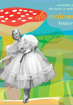 Baletnica w sukni, w tle rysunki grzybów.