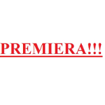 Na białym tle czerwony napis "premiera!!!".