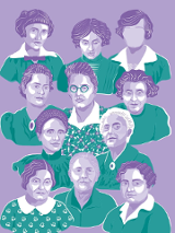 Baner wystawy - grafika z wizerunkami naukowczyń.