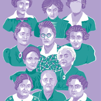 Baner wystawy - grafika z wizerunkami naukowczyń.