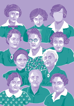 Baner wystawy - grafika z wizerunkami naukowczyń.