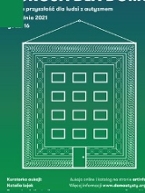 Na gradientowym, niebiesko-zielonym tle prosta, geometryczna, biała ilustracja domu, w którego elewację wpisany jest kształt przypominający dywan. Nad grafiką duży biały napis "AUKCJA DLA DOMU. Dobra przyszłość dla ludzi z autyzmem, 4 grudnia 2021, godz. 16".